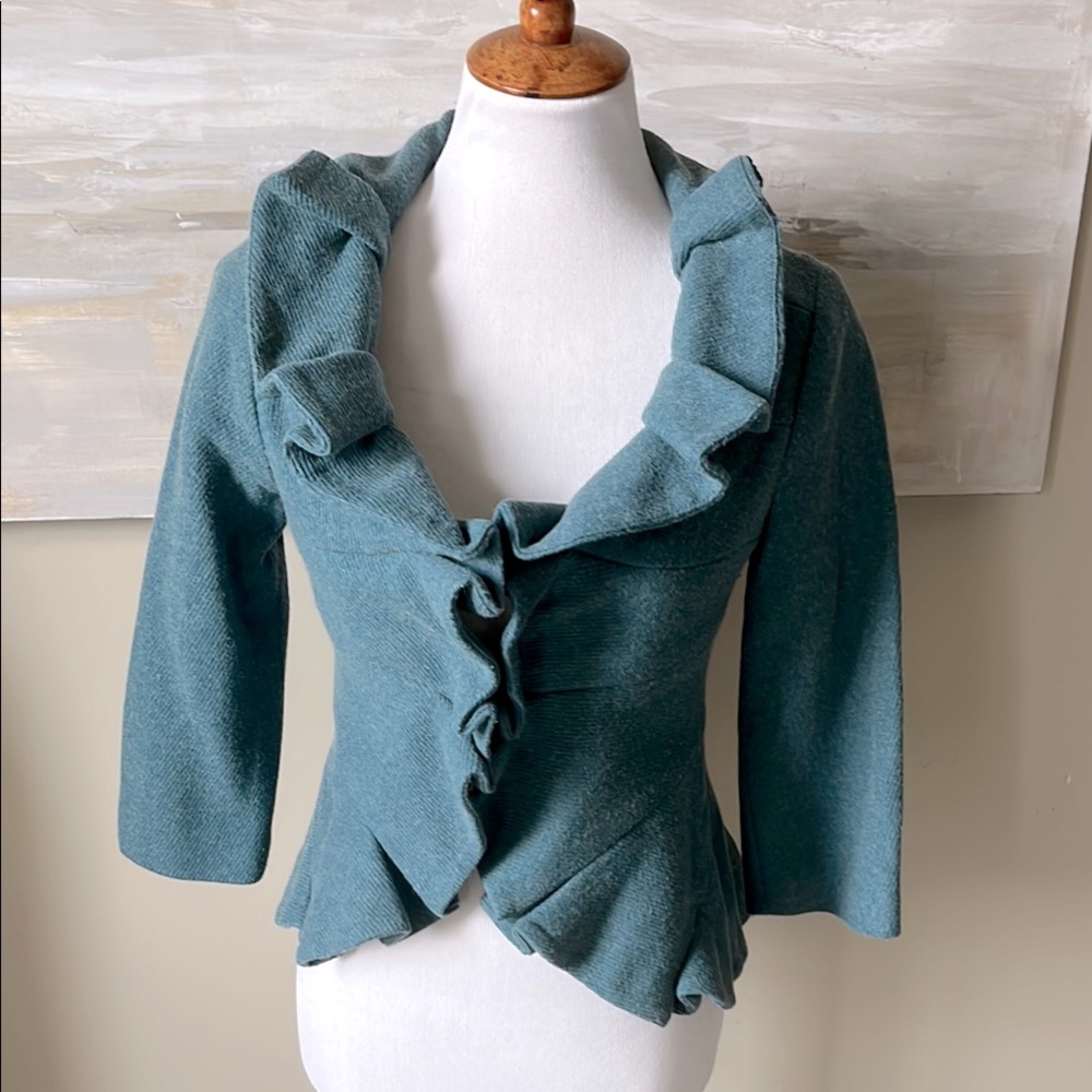 Tabitha Anthropologie Teal wool blend ruffle front blazer - Picture 3 of 10